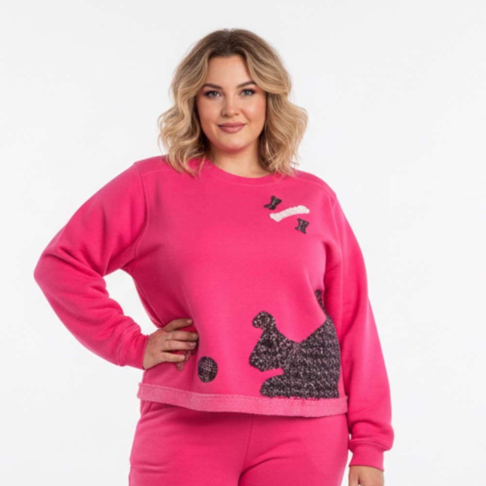 Authentic Pigment Size Small Whimsical Dog Appliqué Pink Sweatshirt